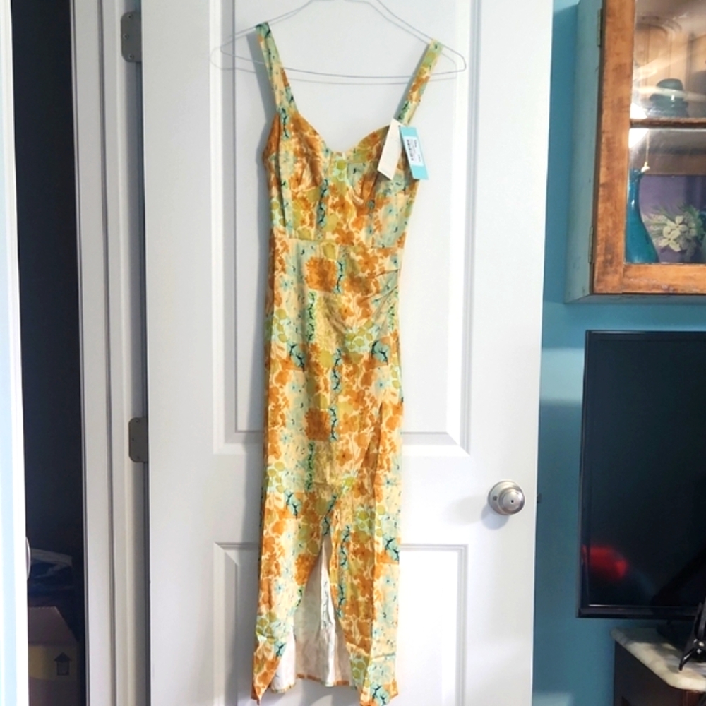 Shore Brand Barcelona Dress Floral High-Low Dress in Yellow and Green XS